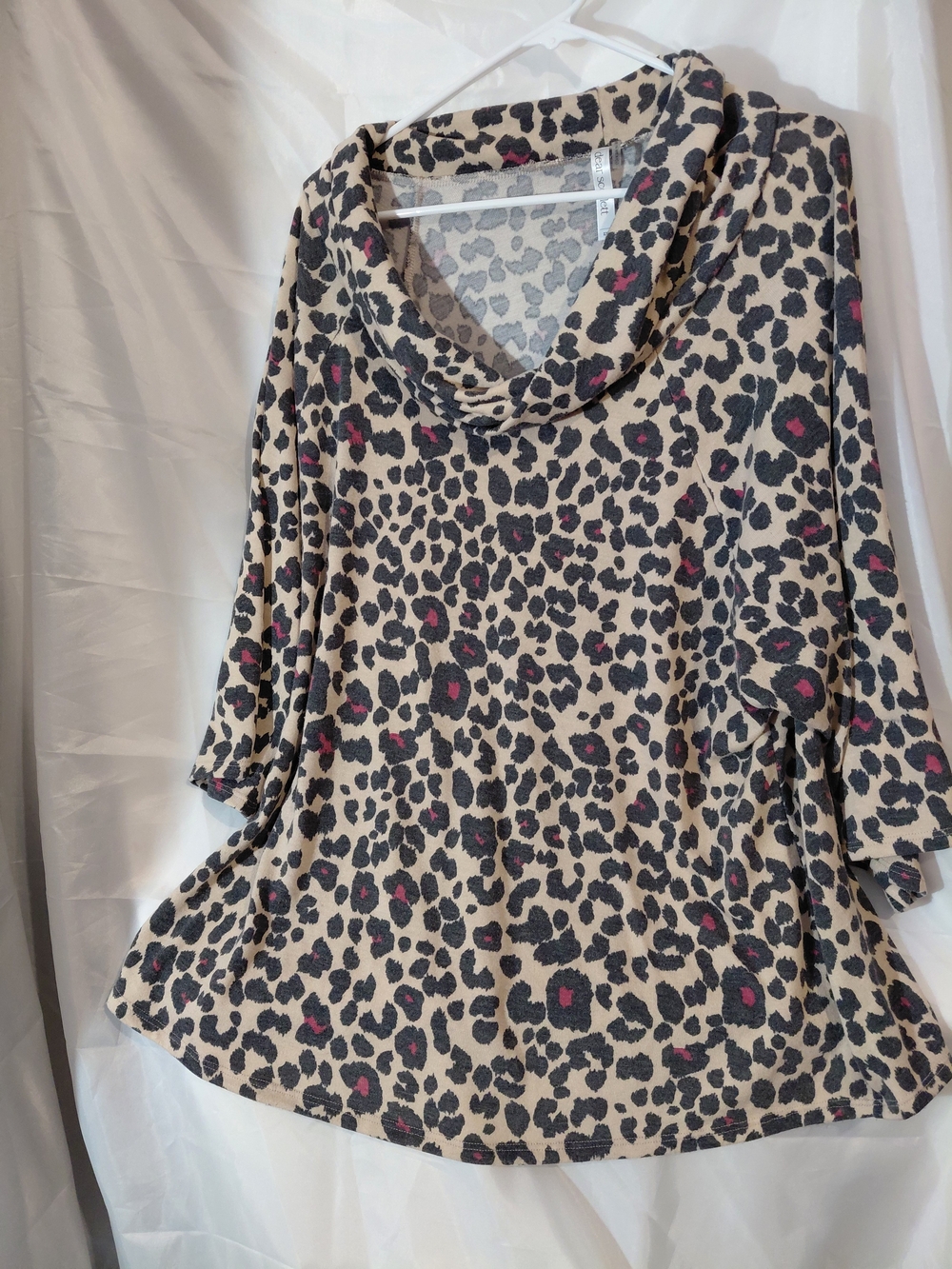 Cowl-Neck Leopard Print Tunic in Beige with Pink Accents - Picture 2 of 10